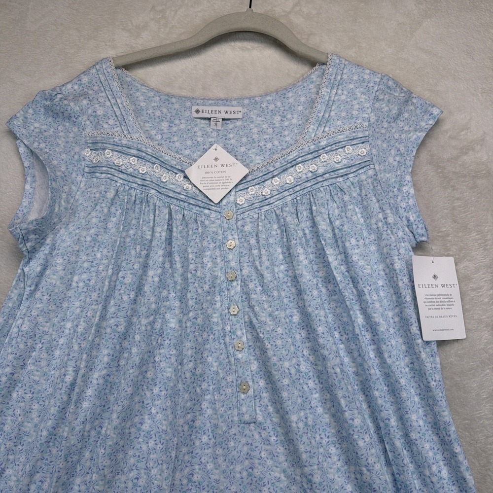 Eileen West White Meadow Blue Floral Cotton Cap Sleeve Nightgown Small NWT